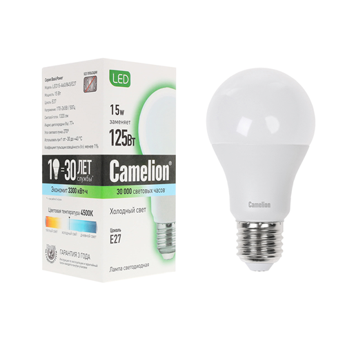 Эл. лампа светодиодная Camelion LED15-A60/845/E27, Холодный 1-satelonline.kz