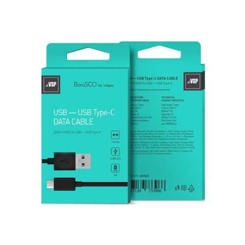 Кабель USB - Type-C, 2A, 1м, черный, BoraSCO (VSP) 2