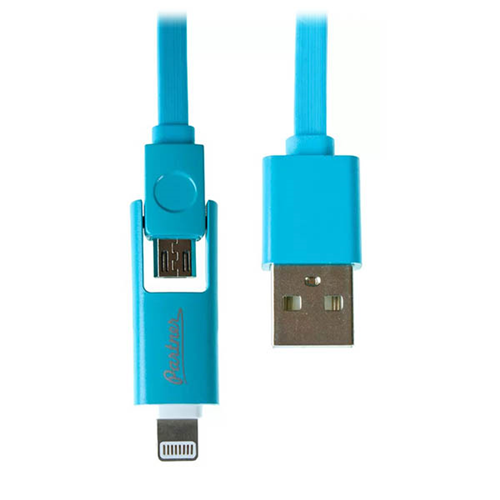 Кабель OLMIO USB 2.0 - microUSB/Apple 8pin, 2-в-1, 1м, 2.1A, голубой, плоский 1-satelonline.kz